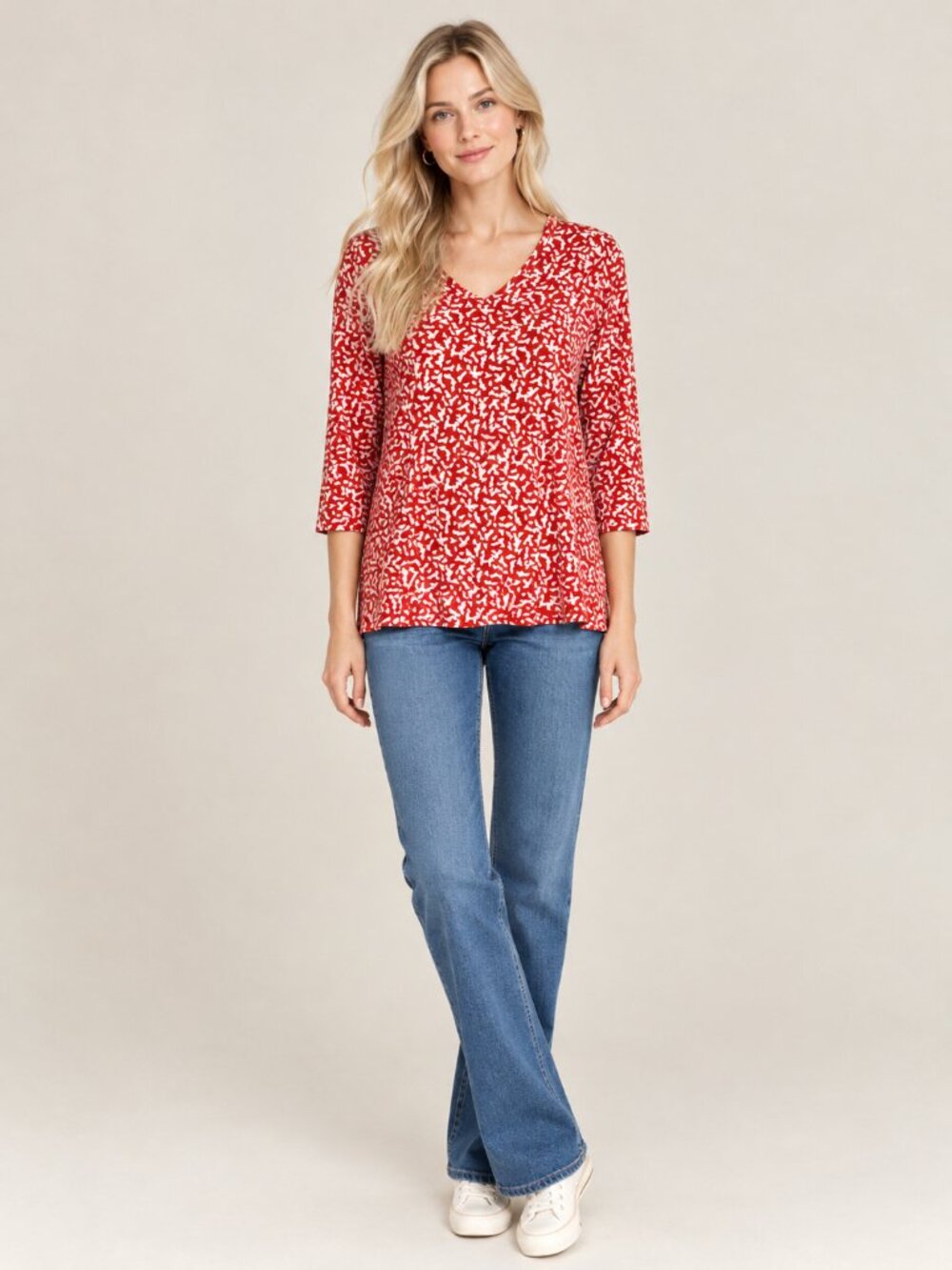 2/$30 Chico's Abstract Print V-Neck 3/4 Sleeve Top Red White 8 #A5146
